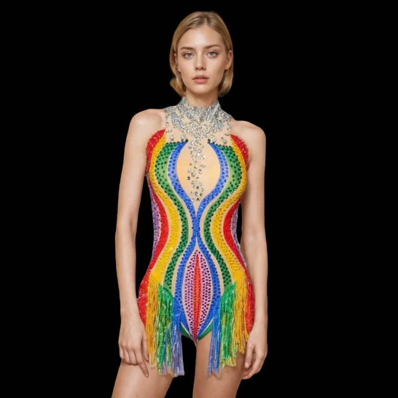 Rainbow Stripe Rhinestone Fringe Bodysuit Colorful Crystal Stage Dance Leotard