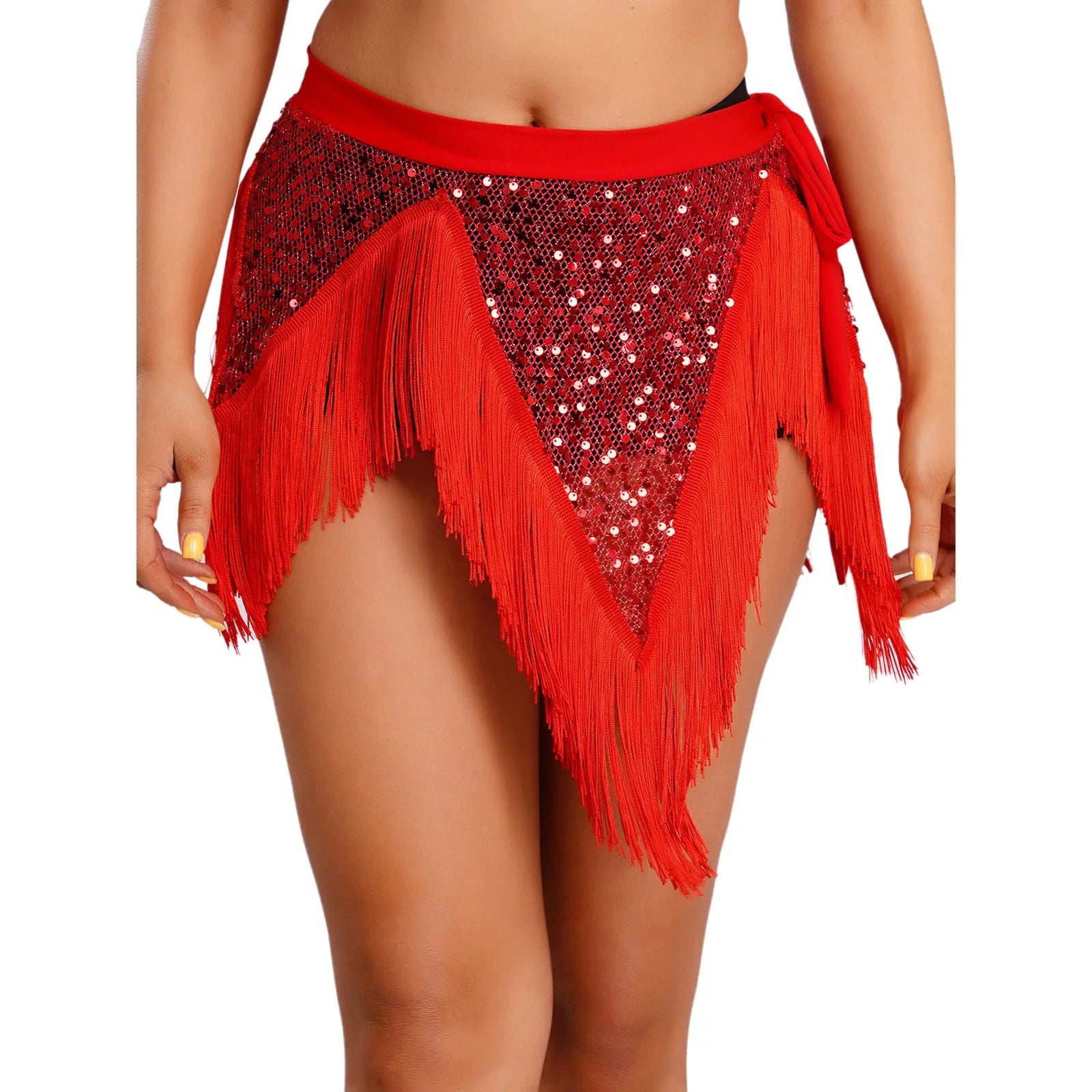 Glitter Sequin Fishnet Mesh Hip Scarf & Tassel Waist Wrap Belly Dance Skirt