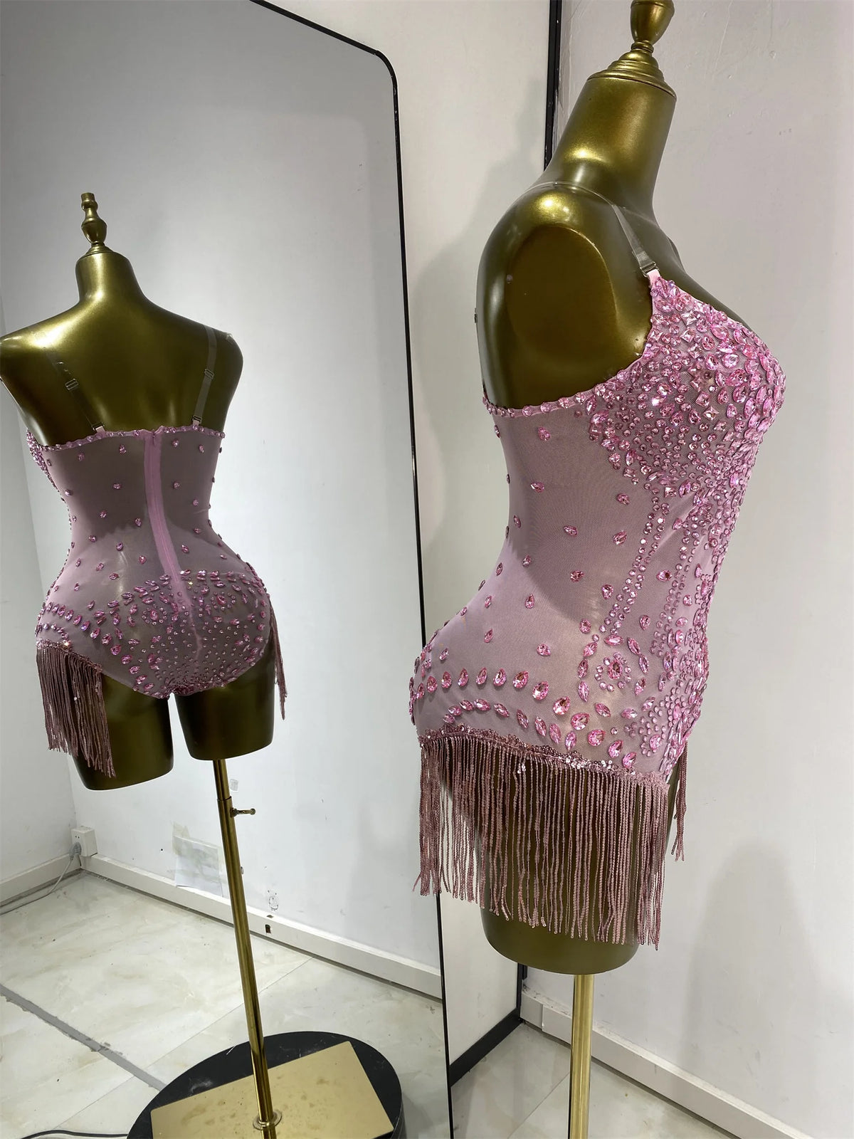 Vintage-Inspired Shiny Rhinestones Tassel Mesh Bodysuit Costume Set