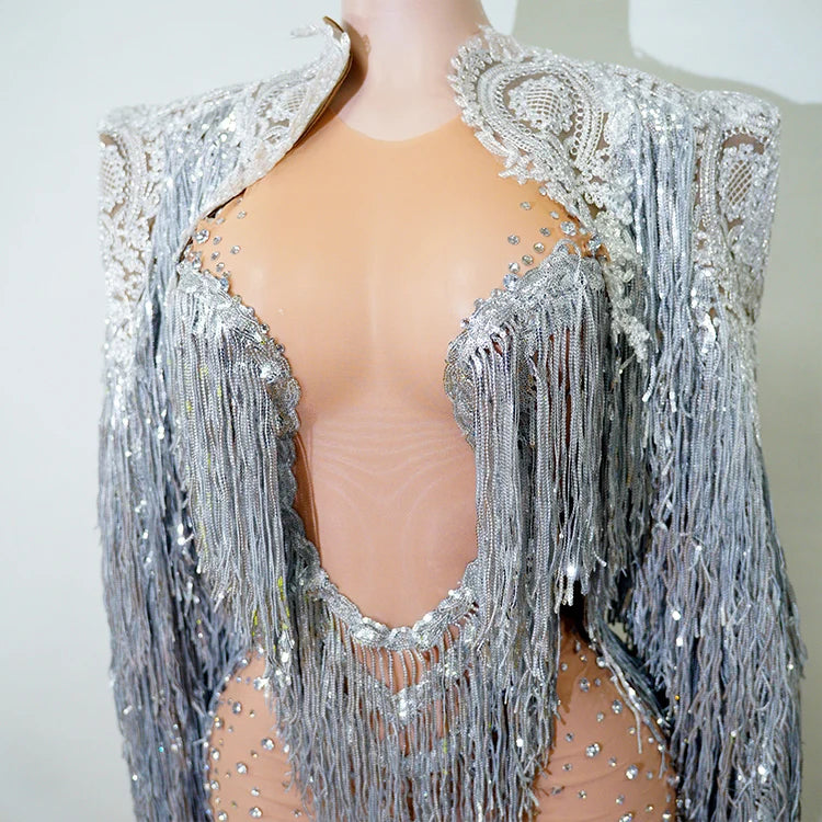 Rhinestone Tassel Fringe Jacket And Dress Costume Set