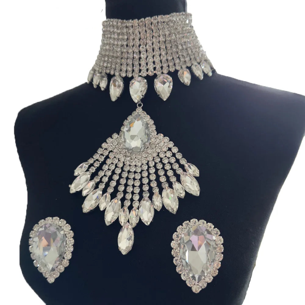 Oversized Crystal Rhinestone Tassel Choker & Earrings Drag Queen Jewelry Set