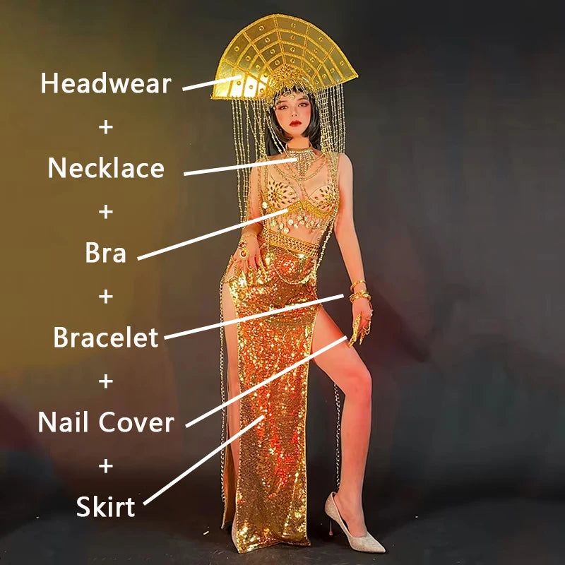 Egyptian Dance Queen Gold Rhinestone Bikini & Sequins Skirt Stage Performance Costume Set