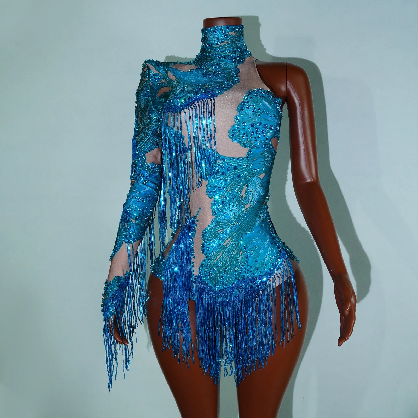 Leopard Sequin Fringe Asymmetrical Bodysuit One-Sleeve Stage Performance Costume