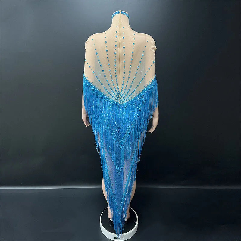 Blue Glitter Fringe Mini Dress Singer & Gogo Stage Performance Costume