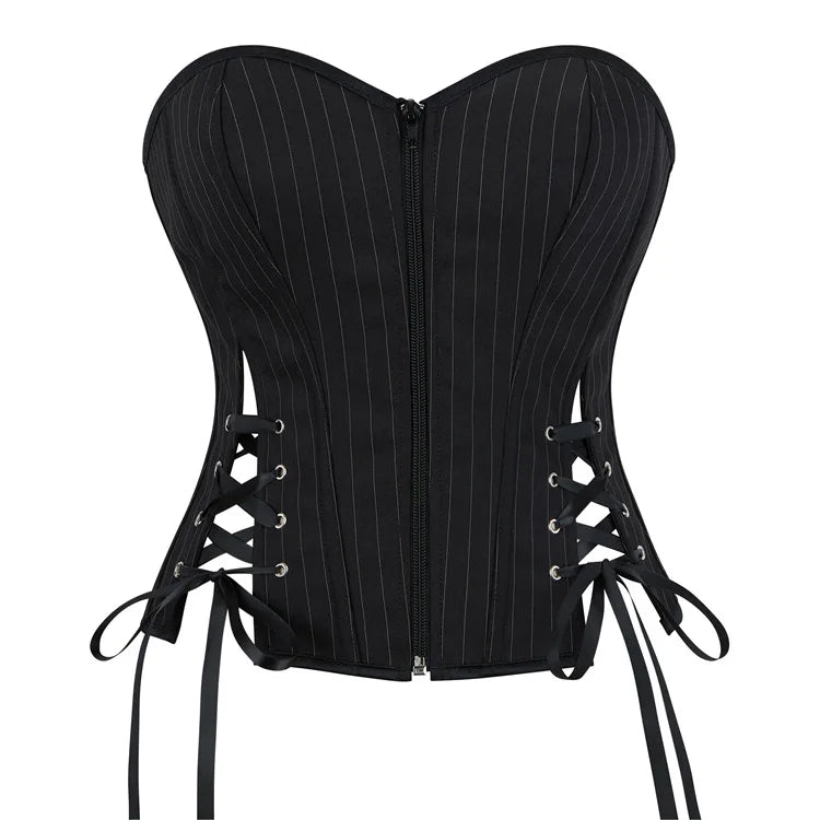 Black Striped Overbust Corset Top Zipper Front Lace-Up Bustier Body Shaper