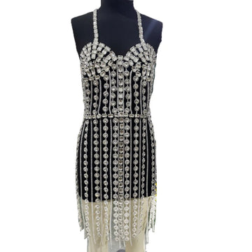 Sparkly Glass Crystal Tassel Body Chain Dress Drag Queen Stage Backless Mini Skirt