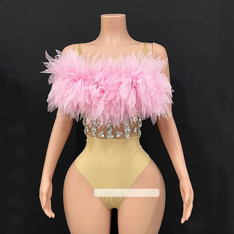 Fluffy Feather & Rhinestone Bodysuit Gogo Stage Performance Costume