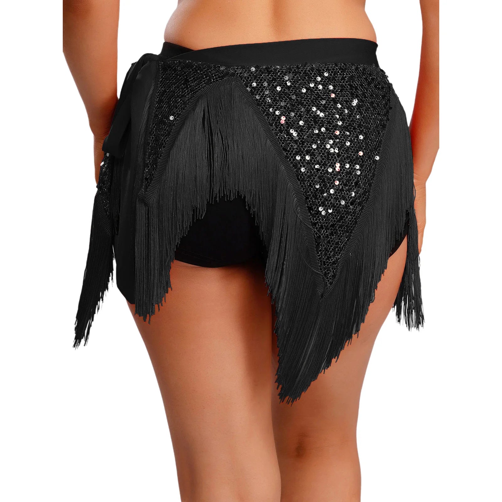 Glitter Sequin Fishnet Mesh Hip Scarf & Tassel Waist Wrap Belly Dance Skirt