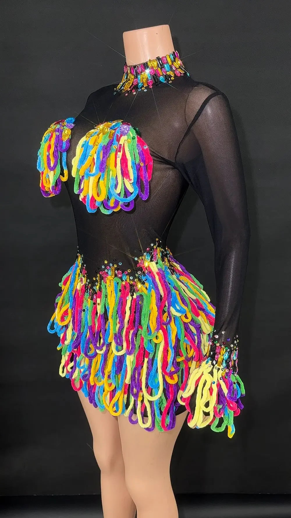 Rainbow Crystal Rhinestone Bodysuit Cascading Fringe Tassel Long-Sleeve Stage Costume