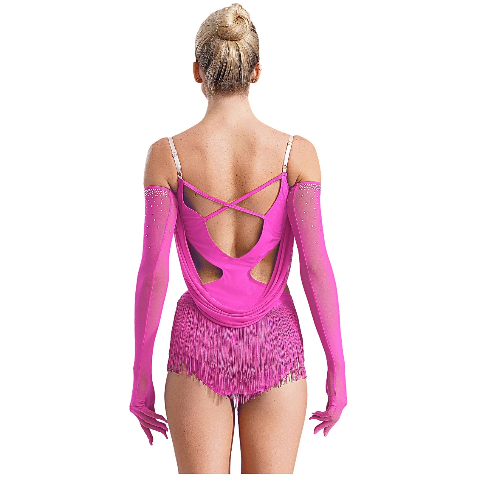 Sparkly Rhinestone & Tassel Fringe Dance Leotard with Gloves Two-Piece Stage Costume
