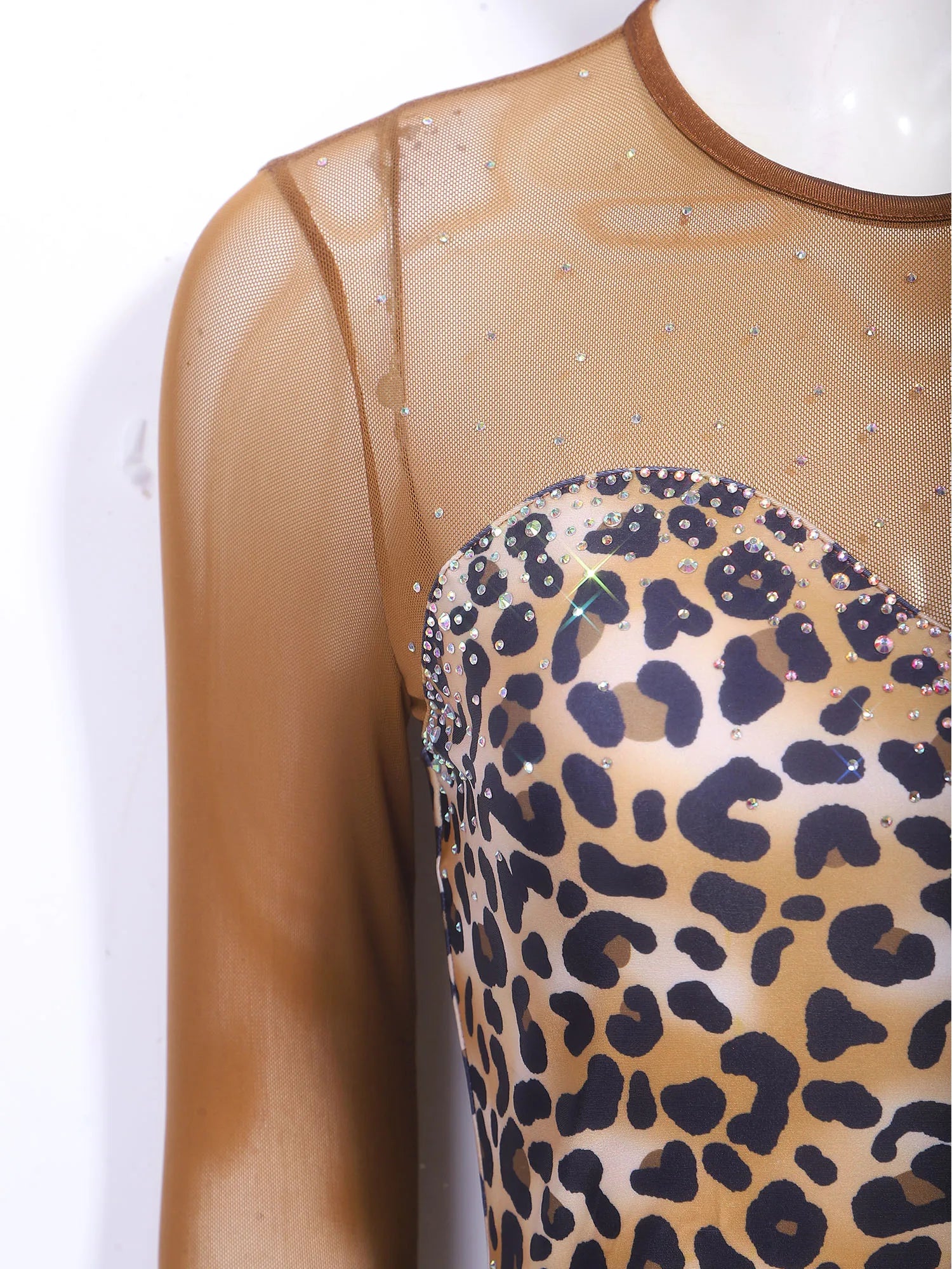Leopard Rhinestone Fringe Latin Dance Bodysuit Mesh Long Sleeve Stage Performance Dress