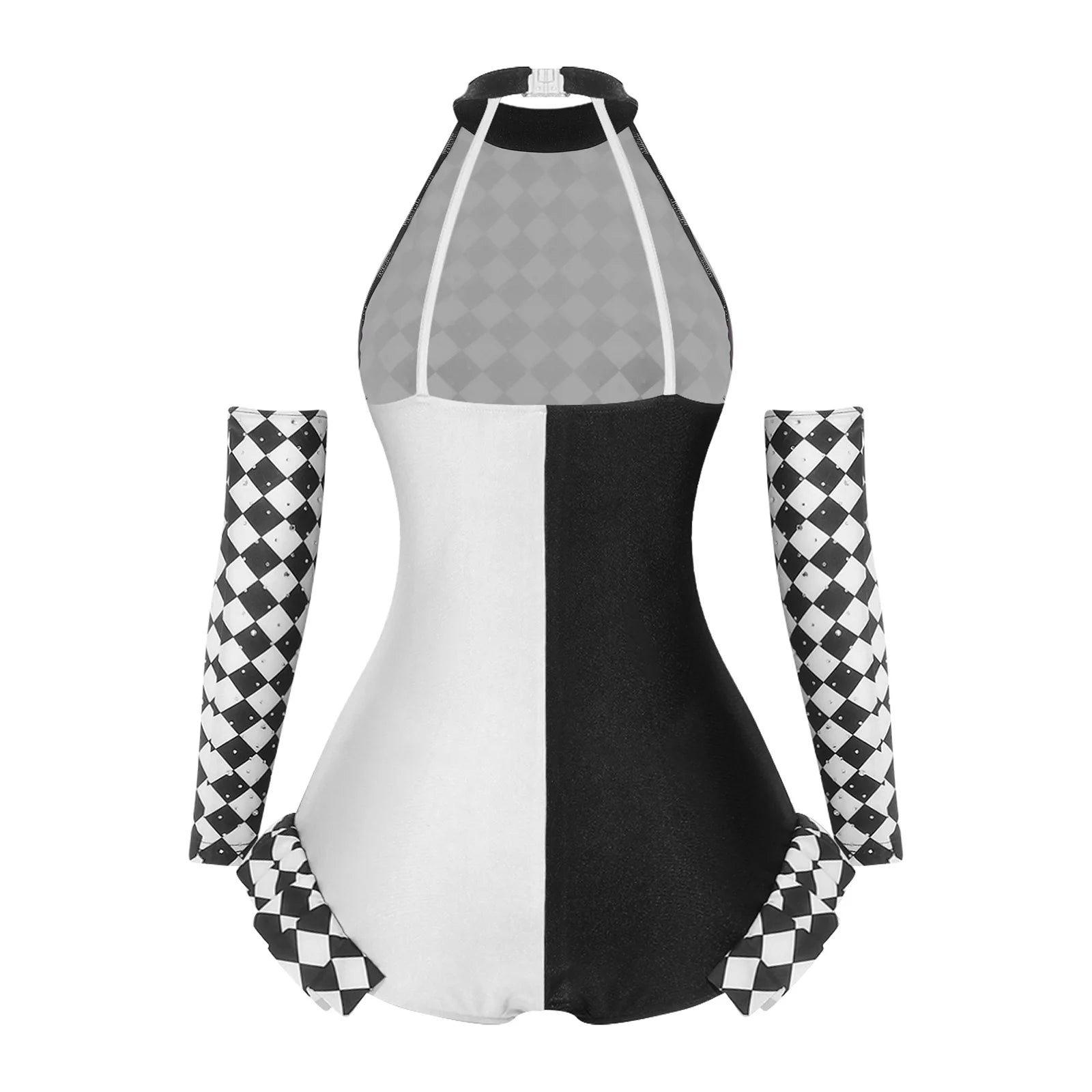 Circus Harlequin Clown Plaid Halter Bodysuit & Arm Sleeves 2-Piece Cosplay Costume Set