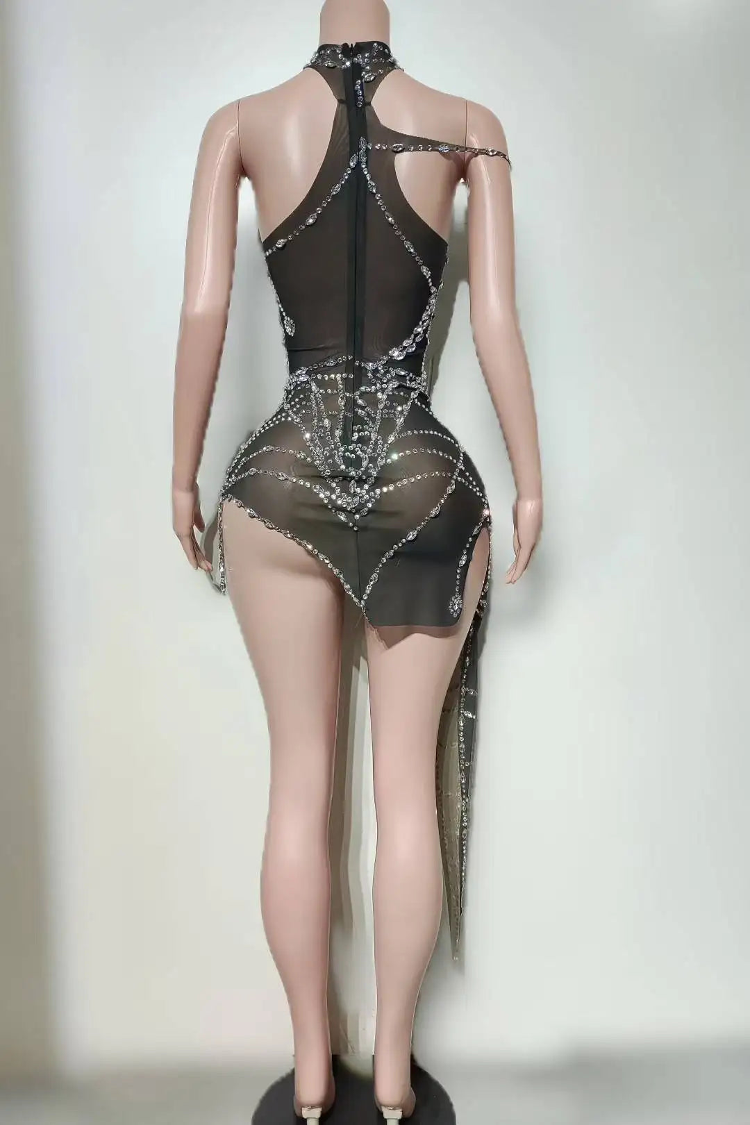 Sparkly Silver Rhinestone Spider Web Mesh Stage Performance Costume Set