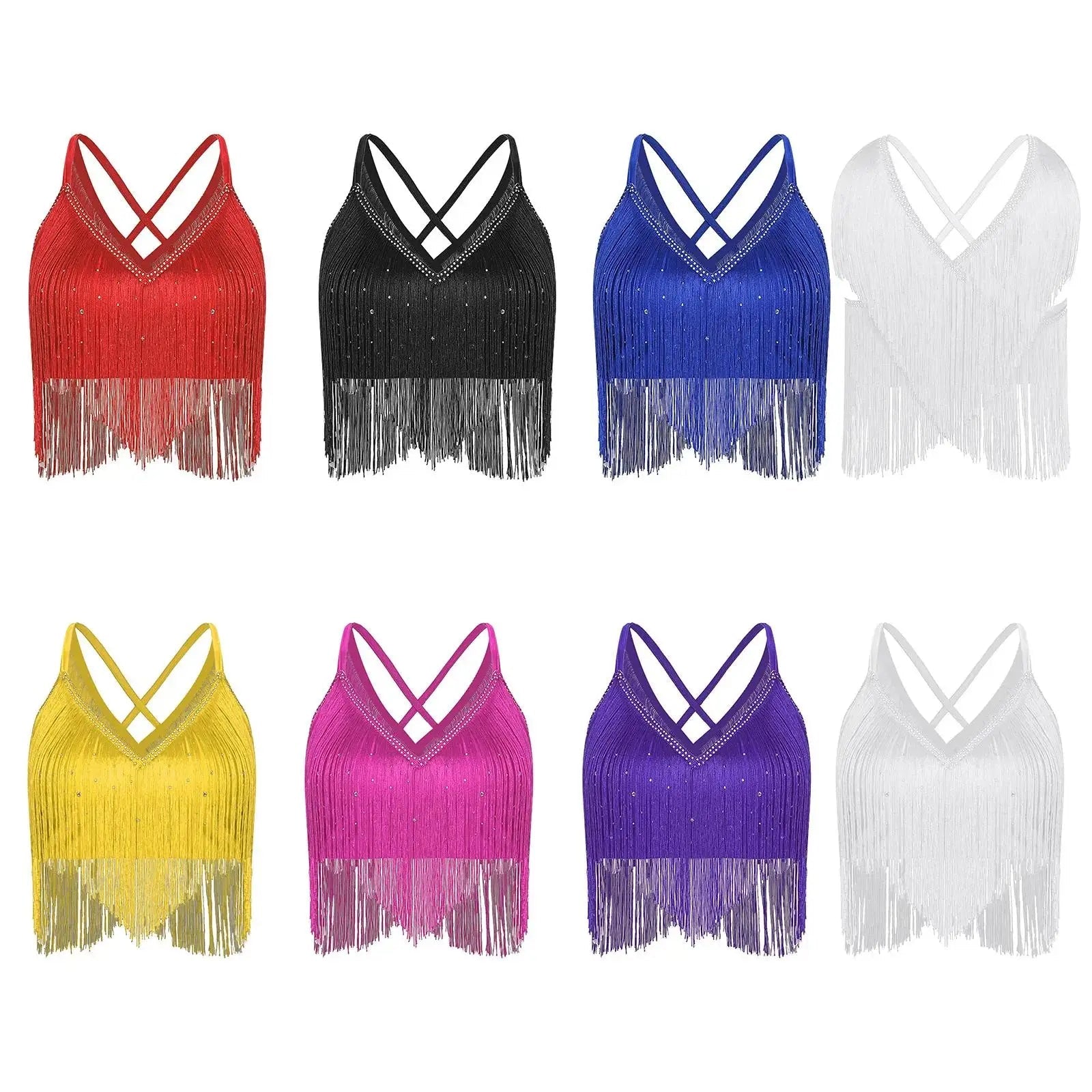 V-Neck Crisscross Back Tassel Fringe Crop Top Latin Salsa Dance Costume