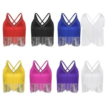 V-Neck Crisscross Back Tassel Fringe Crop Top Latin Salsa Dance Costume