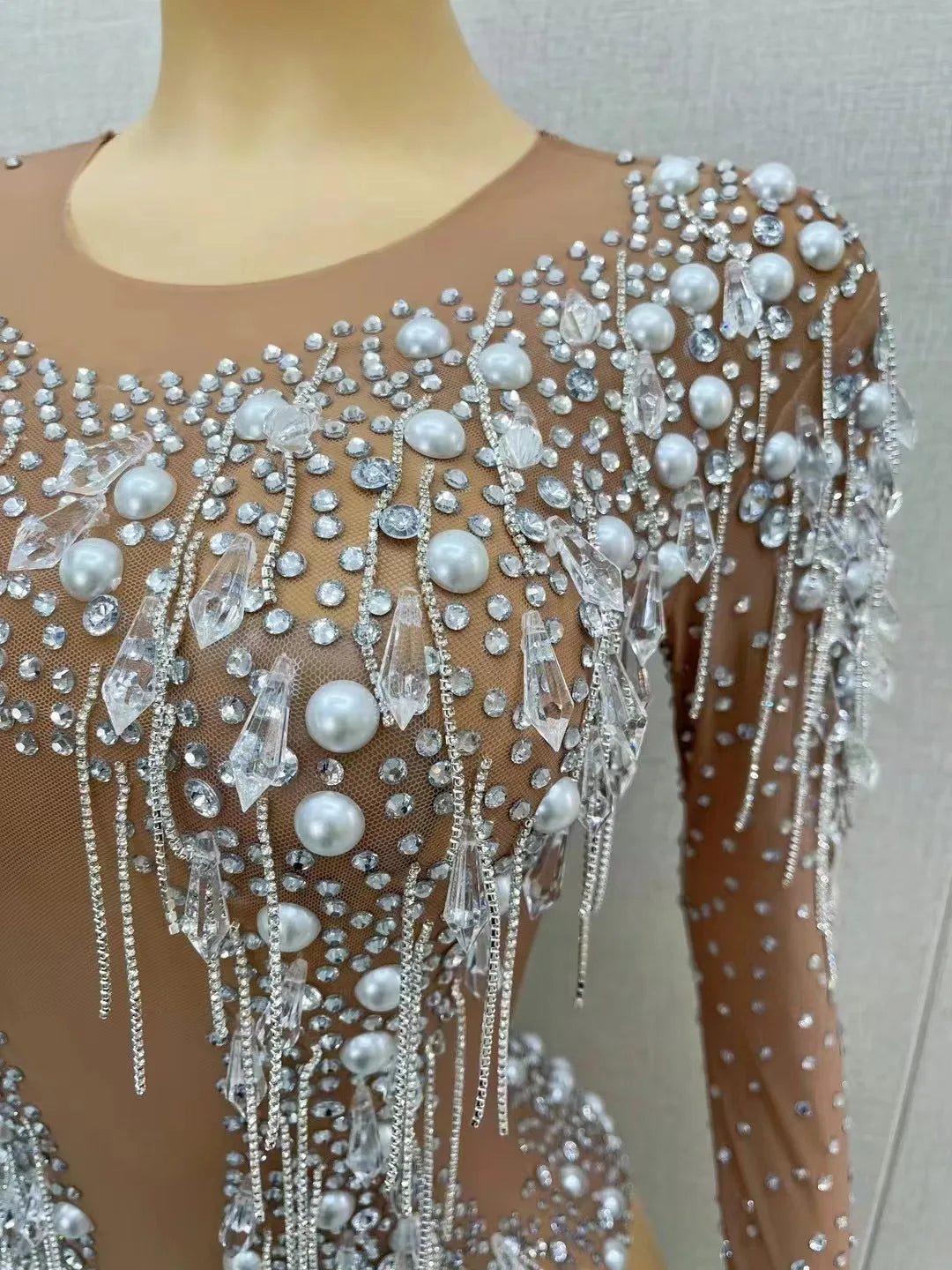 Sparkly Rhinestone, Pearl & Chain Long-Sleeve Mesh Bodysuit Stage Performance Costume