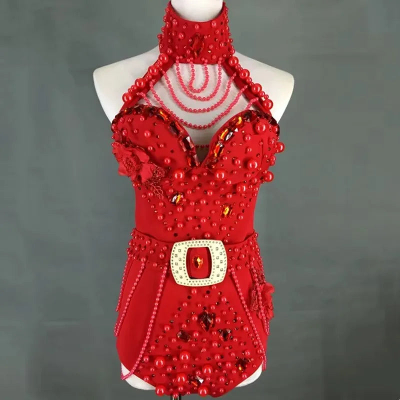 Red White Beading Halter Bodysuit Women Backless Dance Costume Nightclub Singer Stage Performance Outfit