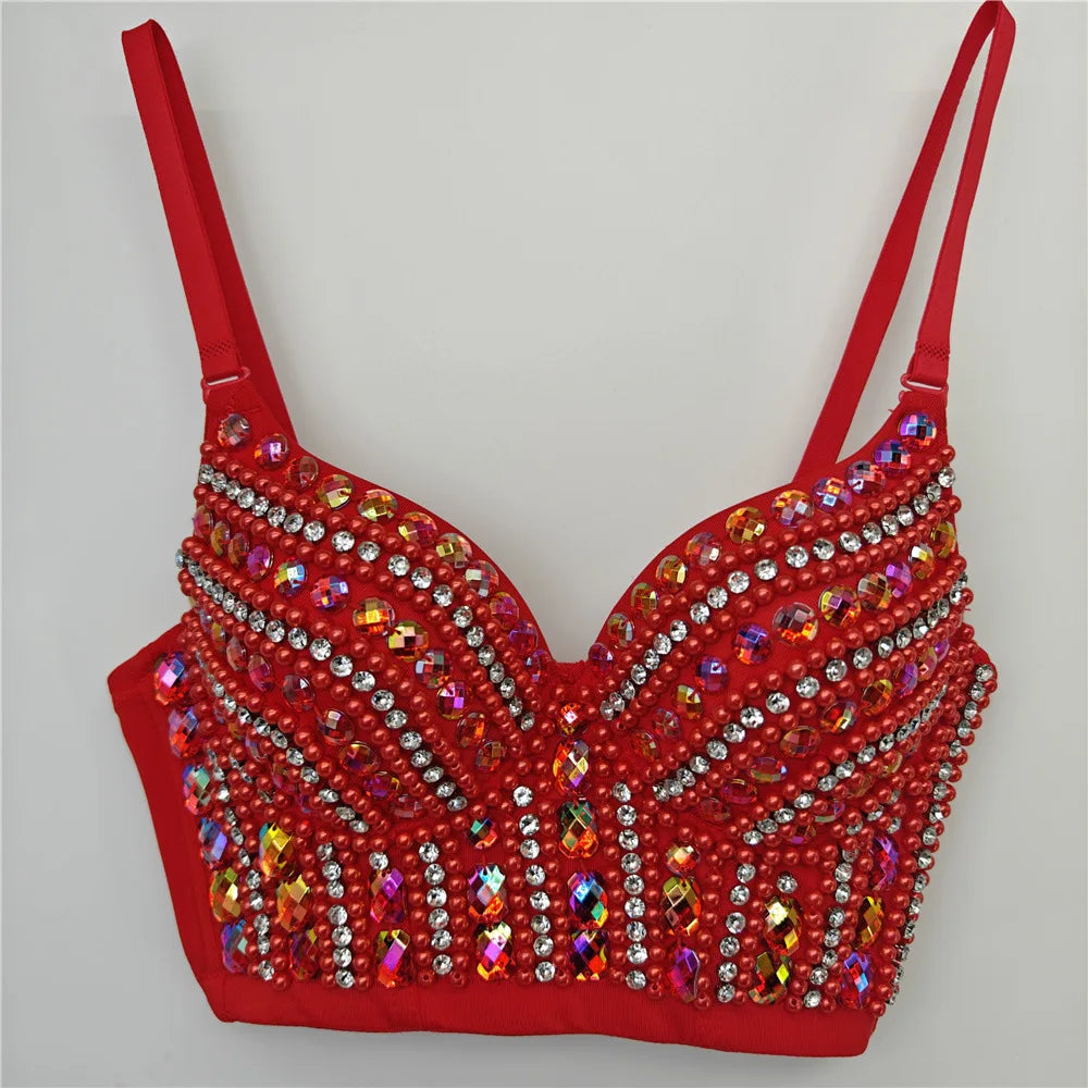 Sparkly Rhinestone Corset Tank Top Showgirl Stage Performance Bra Bustier