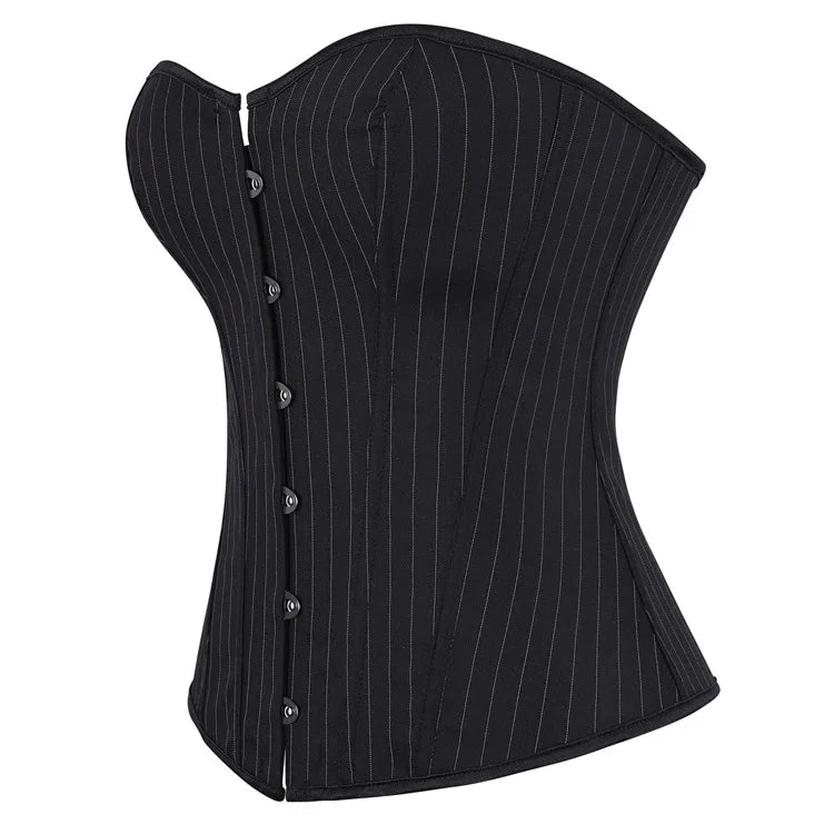 Black Striped Overbust Corset Top Zipper Front Lace-Up Bustier Body Shaper