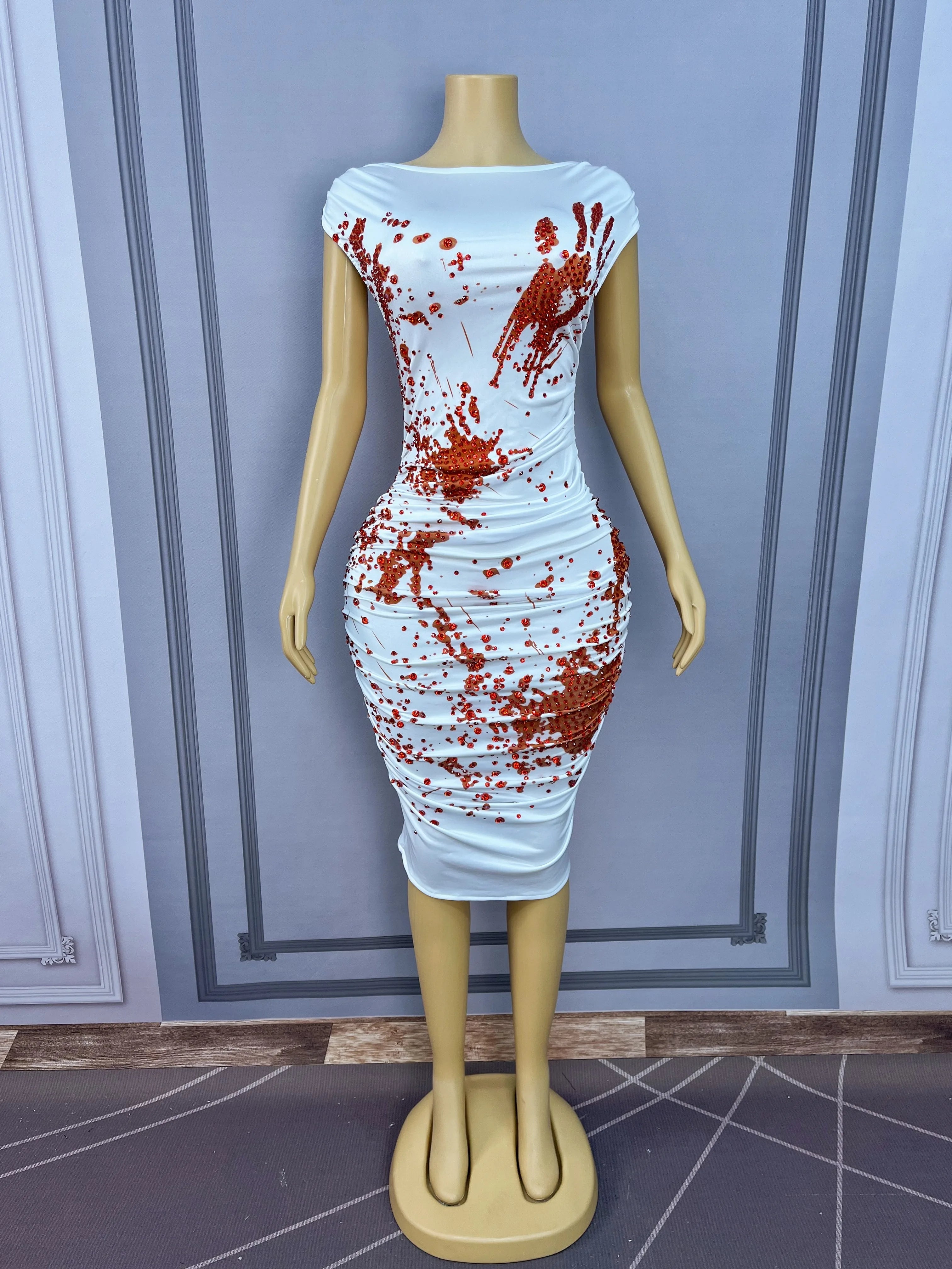Blood Splatter Rhinestone Ruched Midi Dress Sleeveless Halloween Stage Costume
