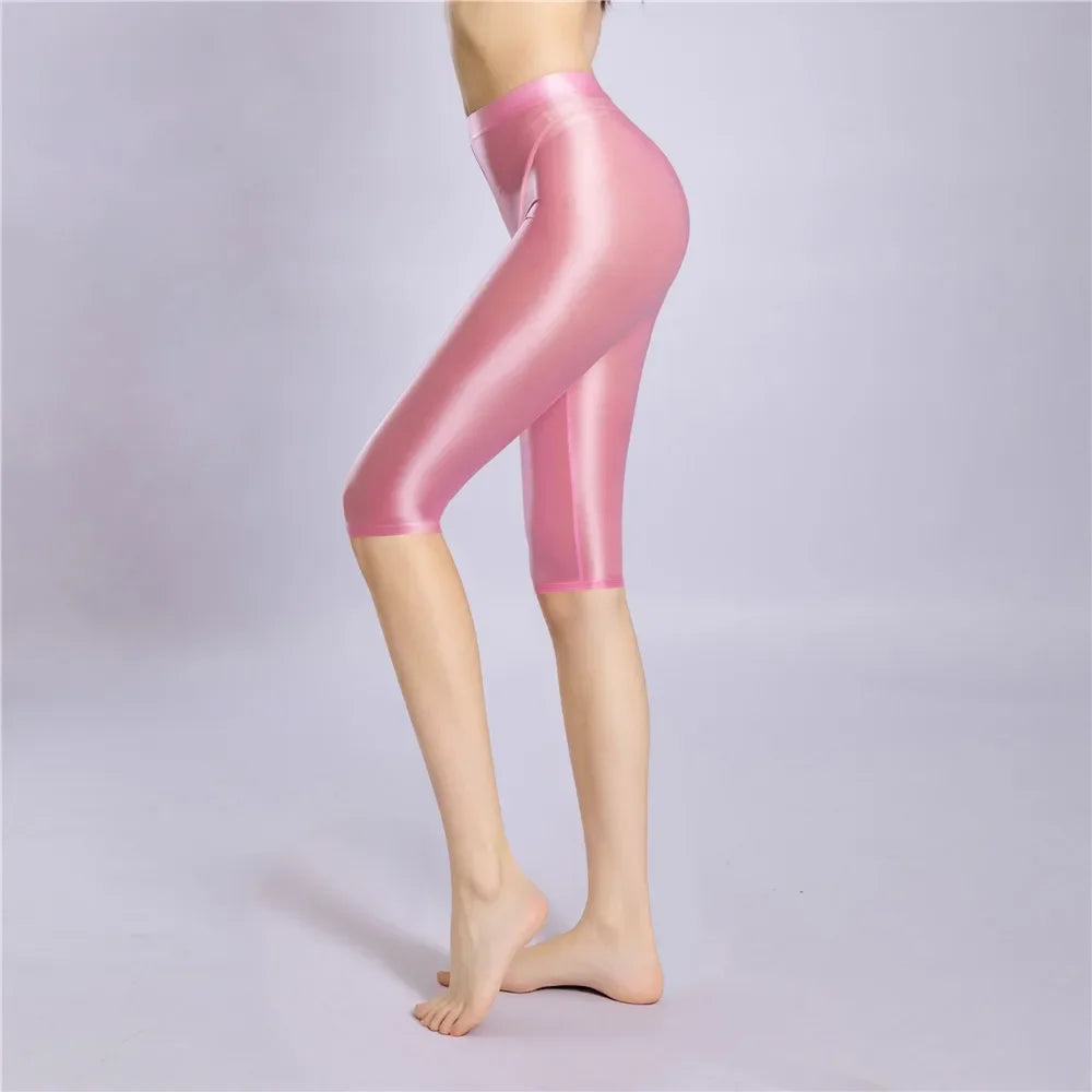 Women Shaping Short Stain Smooth Oil Glossy Shiny Elastic Shorts Sheer See Through Casual Plus Size Tight Yoga Short Maid Pant