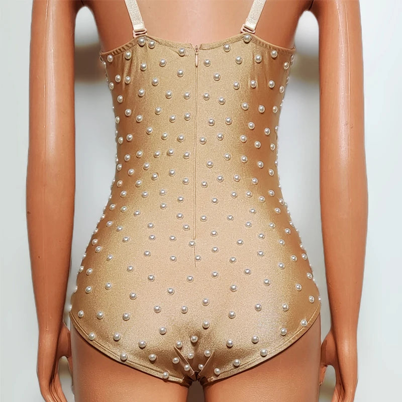 Pearl Encrusted Nude Illusion Bodysuit Sparkly Stage Dance Leotard Costume