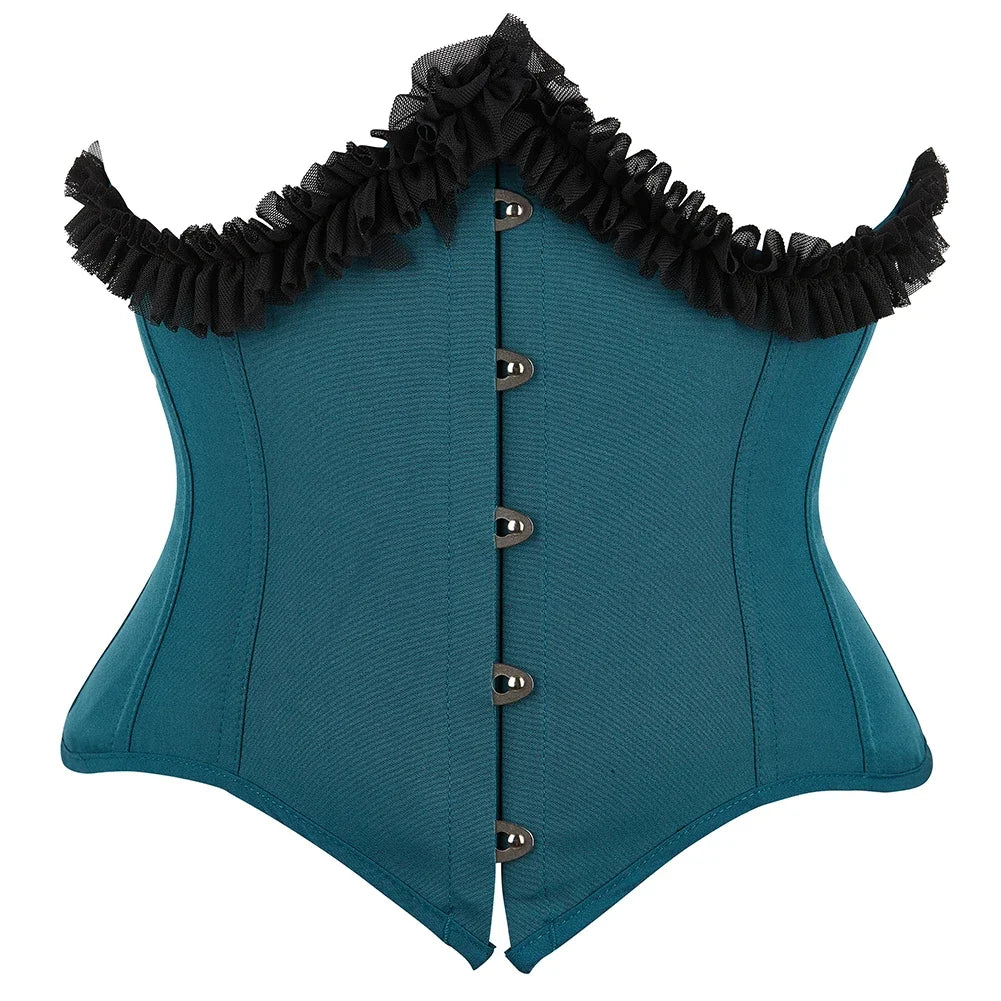 Gothic Underbust Corset Bustier Lace Ruffle Trim Front Busk Waist Cincher