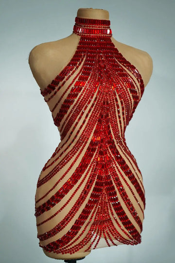 Sparkly Rhinestone High-Neck Sheath Mini Dress Stage Dance Costume