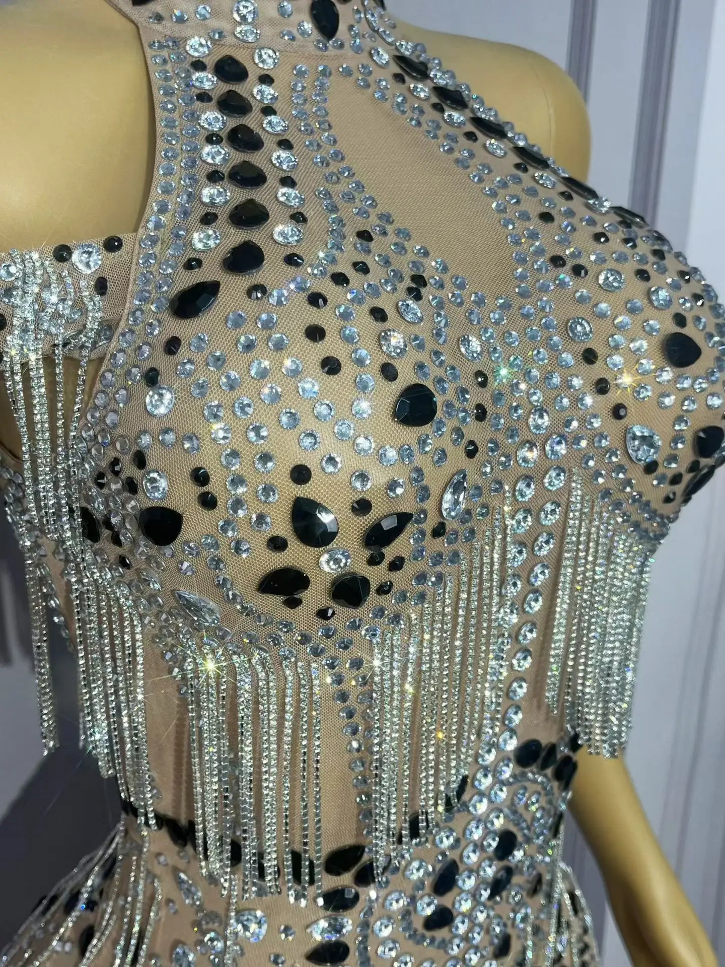 Luxury Rhinestone Sheer Mesh Bodysuit Drag Queen Stage Costume Leotard
