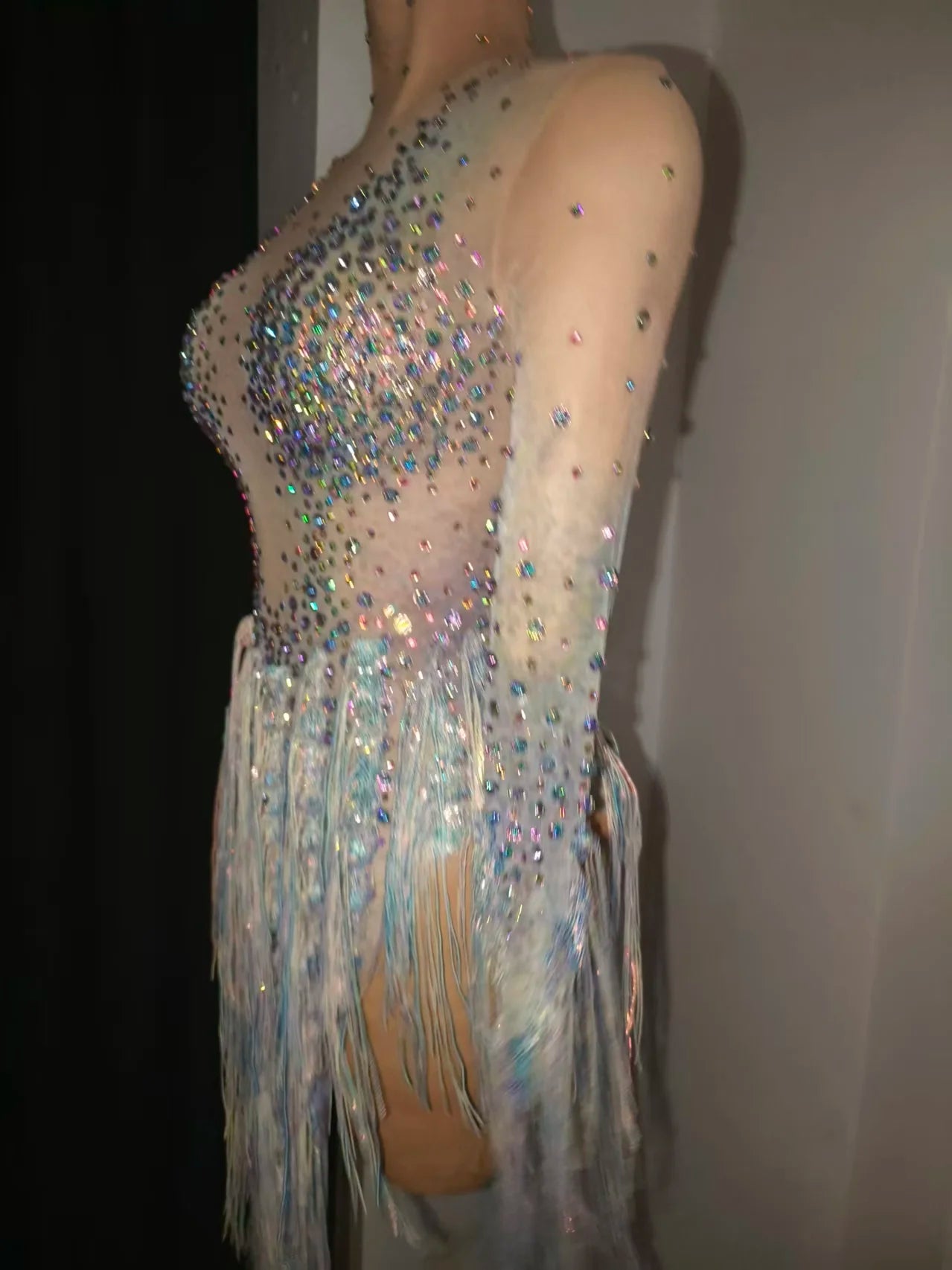 Iridescent Crystal Tassel Long Sleeve Sheer Mesh Stage Bodysuit Costume