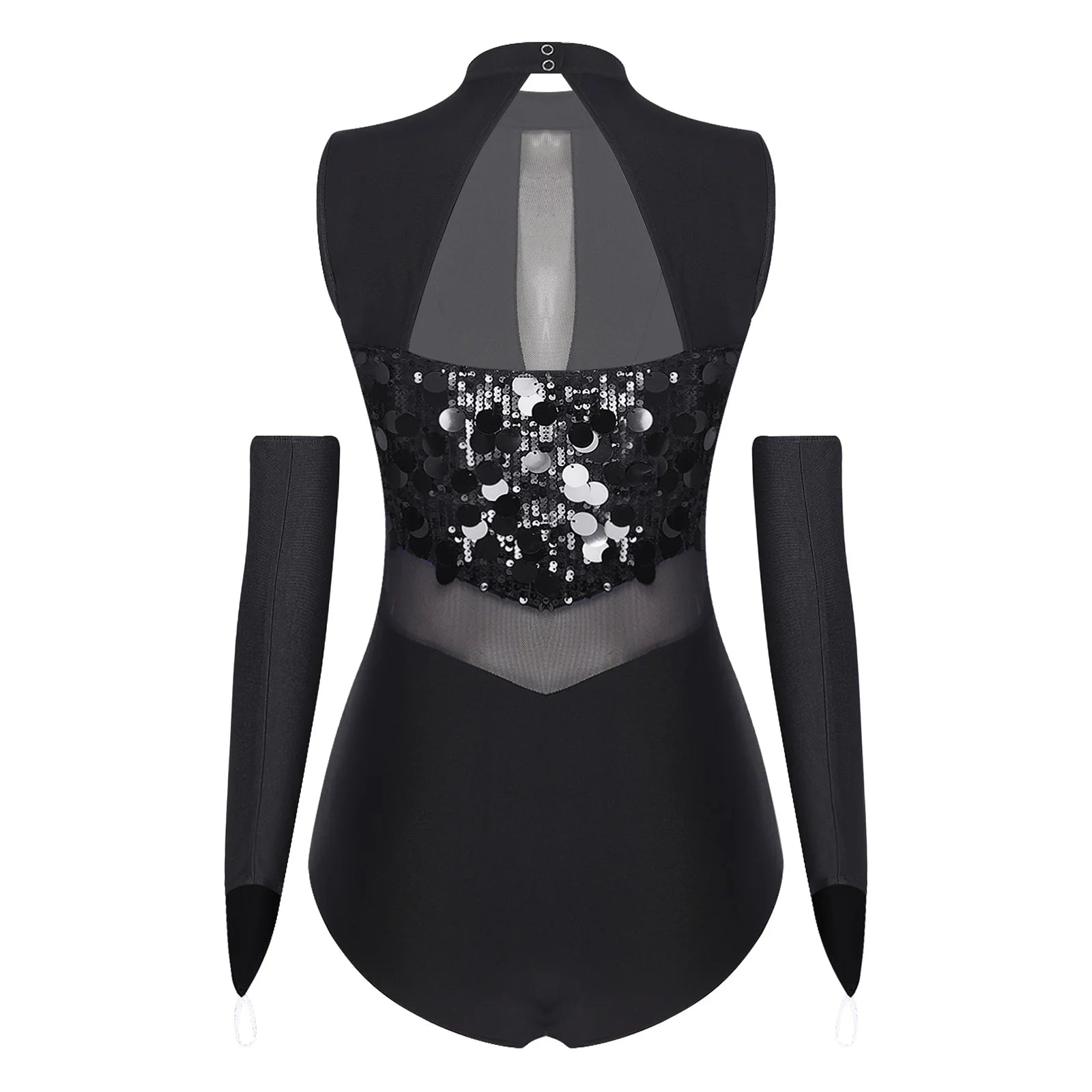 Sparkly Sequin Mock Neck Dance Leotard & Gloves Two-Piece Bodysuit Set