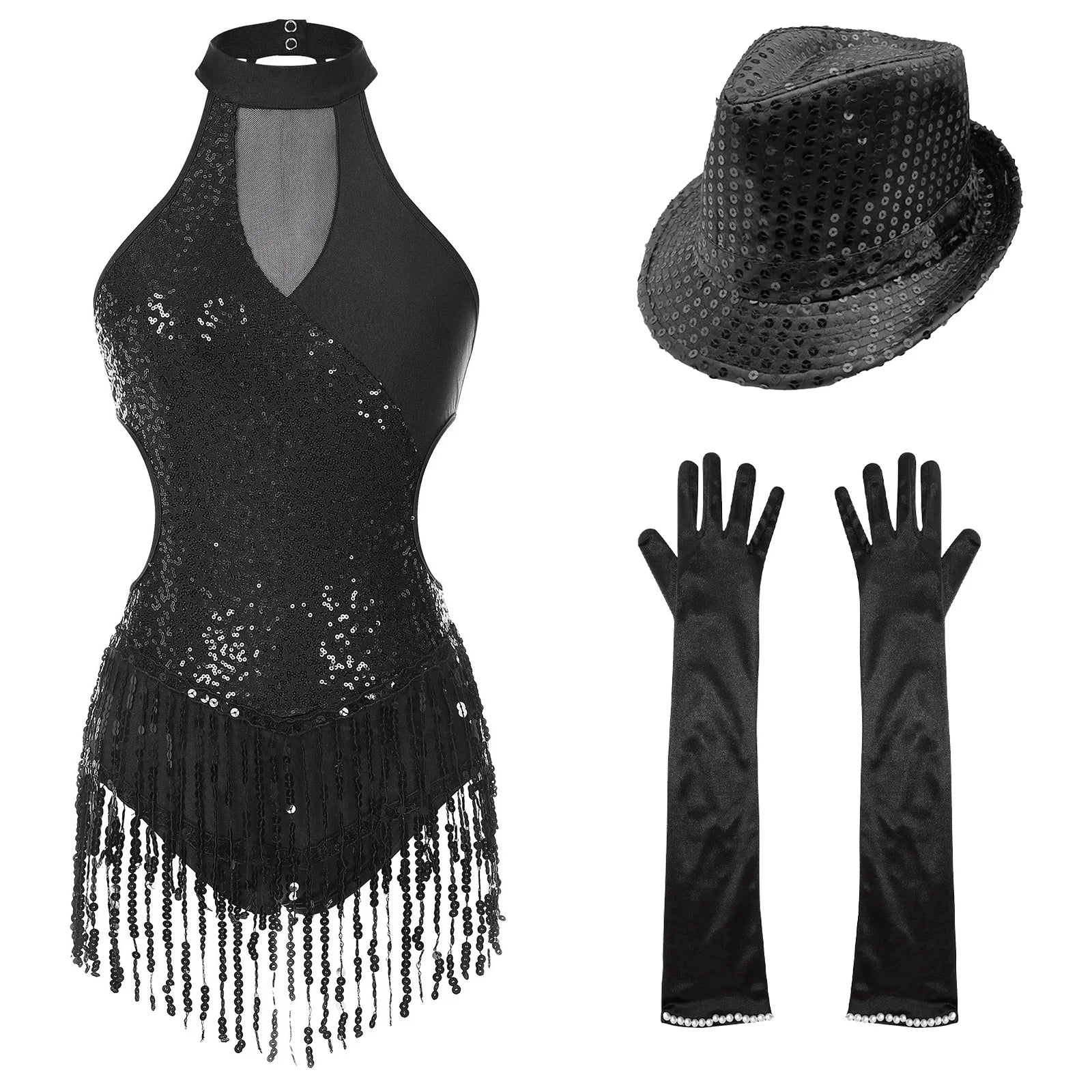 Sequined Fringe Latin Dance & Figure Skating Jumpsuit Leotard Set with Mesh Gloves