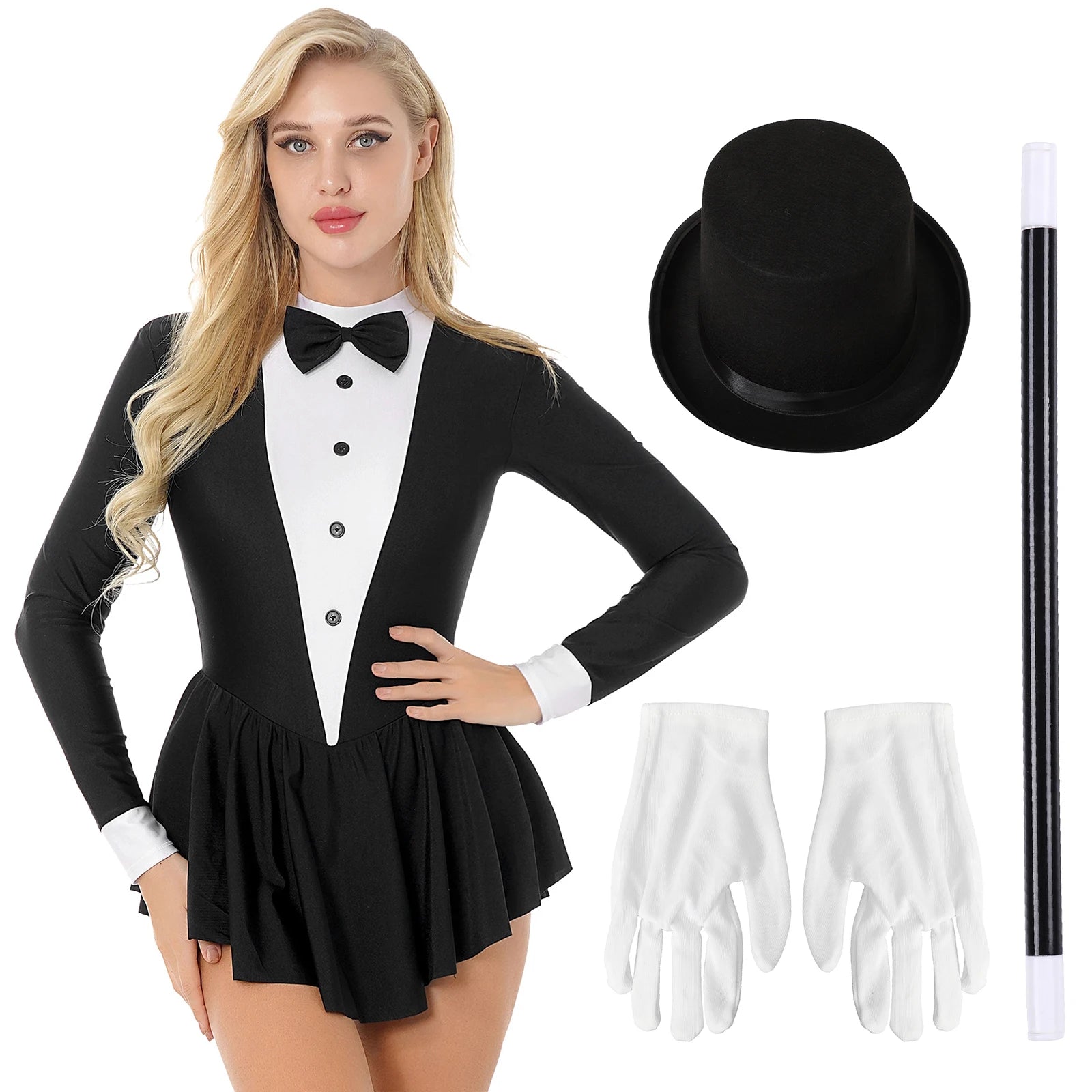 Tuxedo Bowknot Long Sleeve Ruffle Leotard Dress Magician Costume