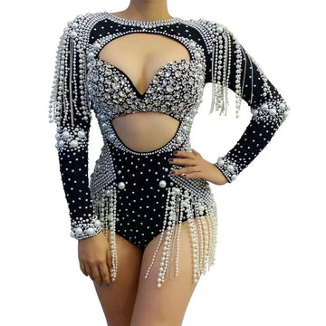 The Stardust Diamond Cutout Bodysuit – Luxury Rhinestone & Pearl Fringe Showgirl Costume