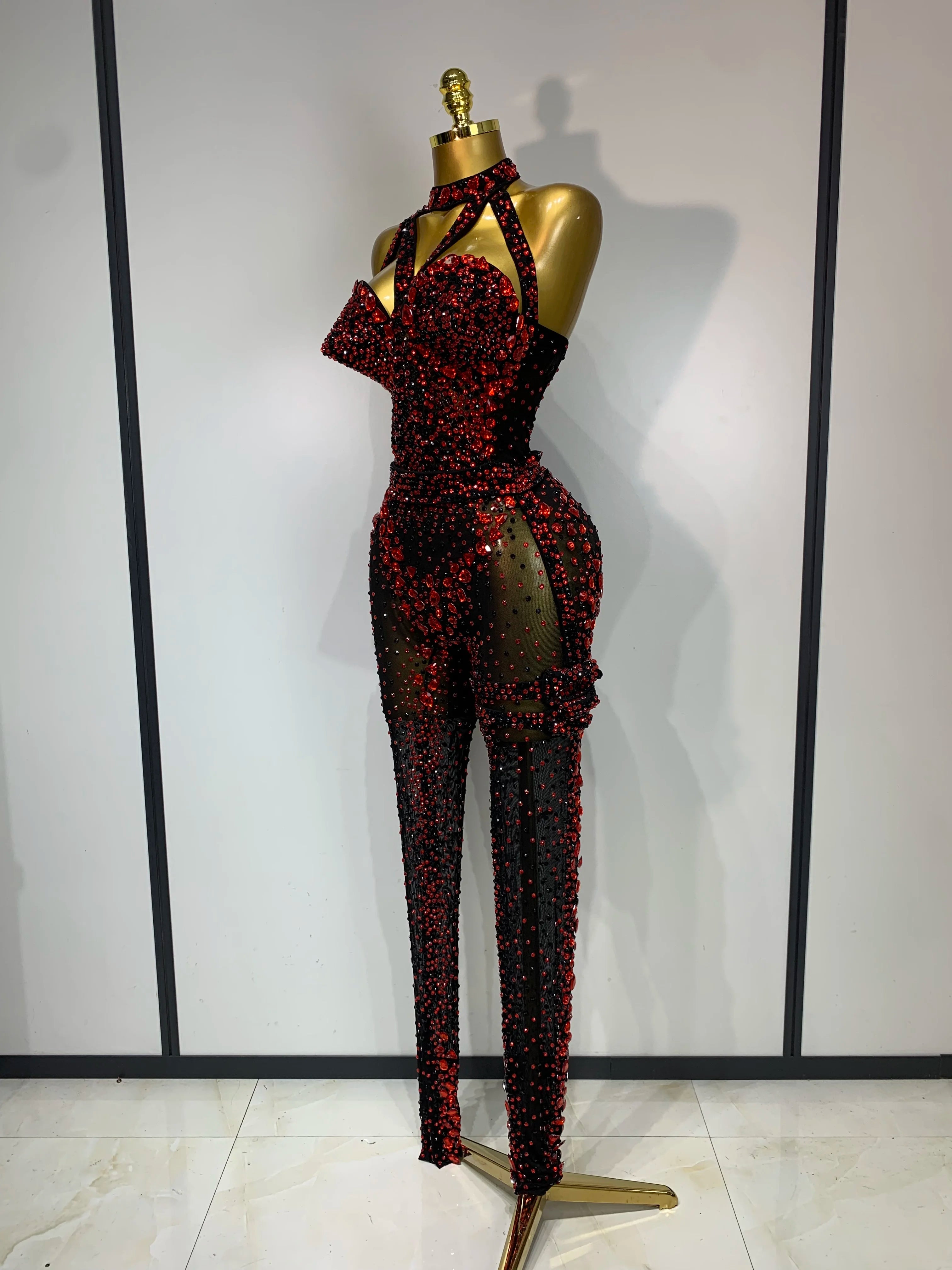 Backless Sparkly Red Diamond Mesh Jumpsuit Evening Stage Costume Bodycon Romper