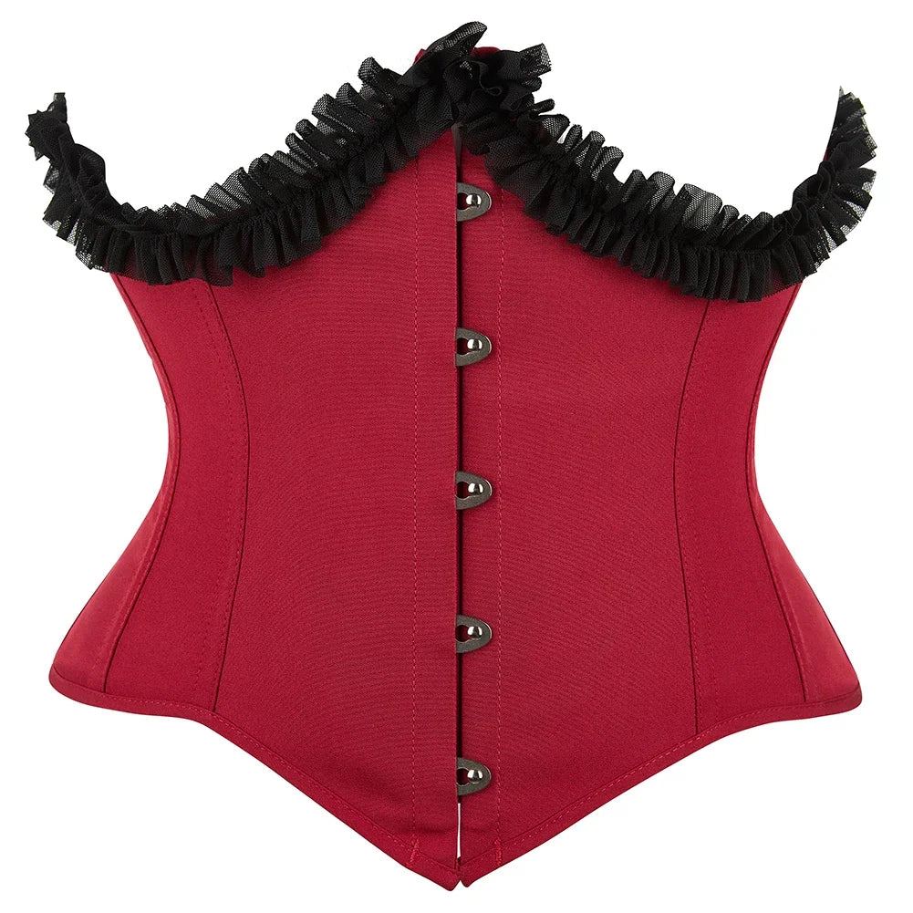 Gothic Underbust Corset Bustier Lace Ruffle Trim Front Busk Waist Cincher
