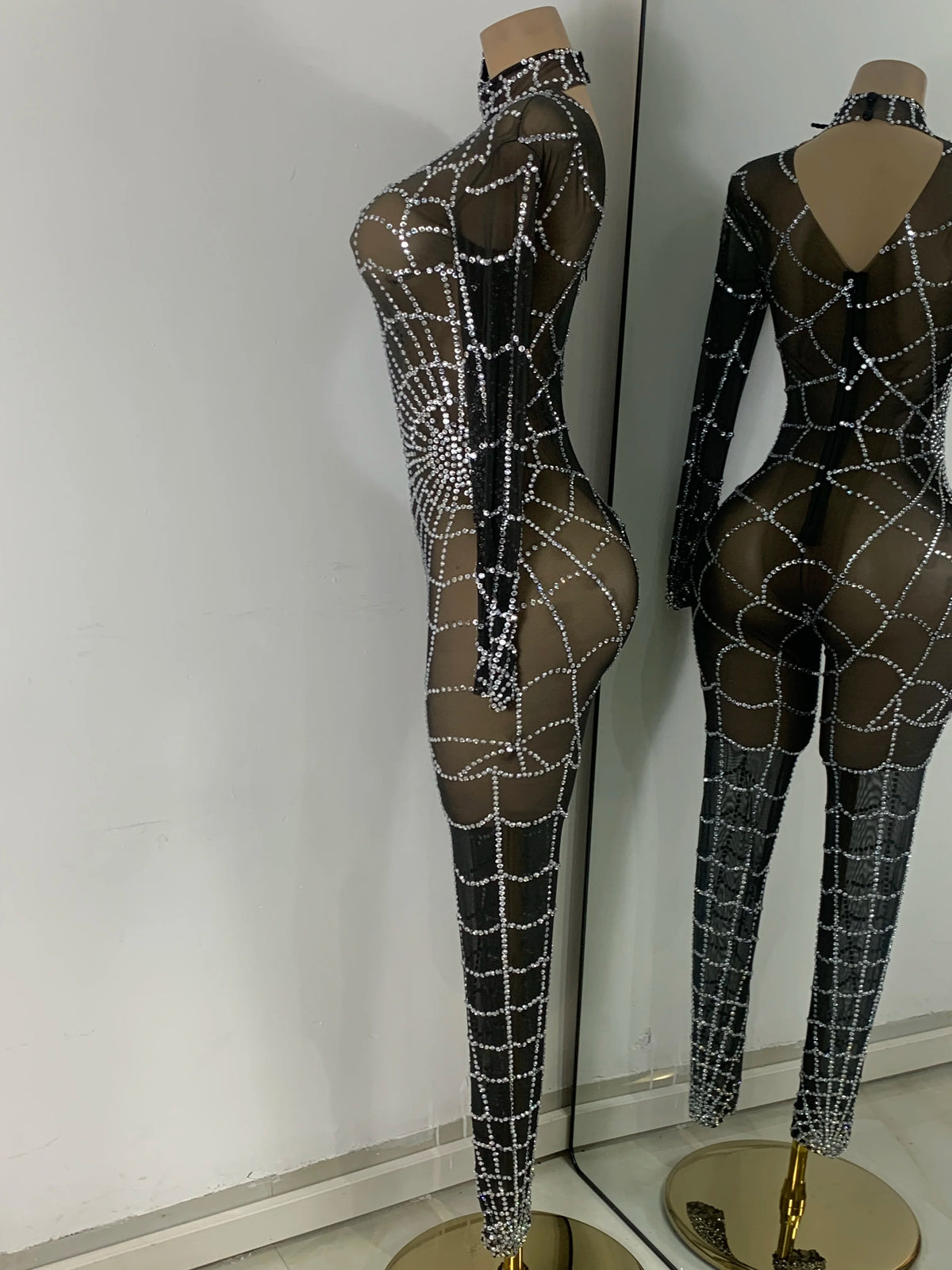 Black Spider Mesh Jumpsuit For Women Sexy Long Sleeve Performance Rompers Dance Show Stage Costume