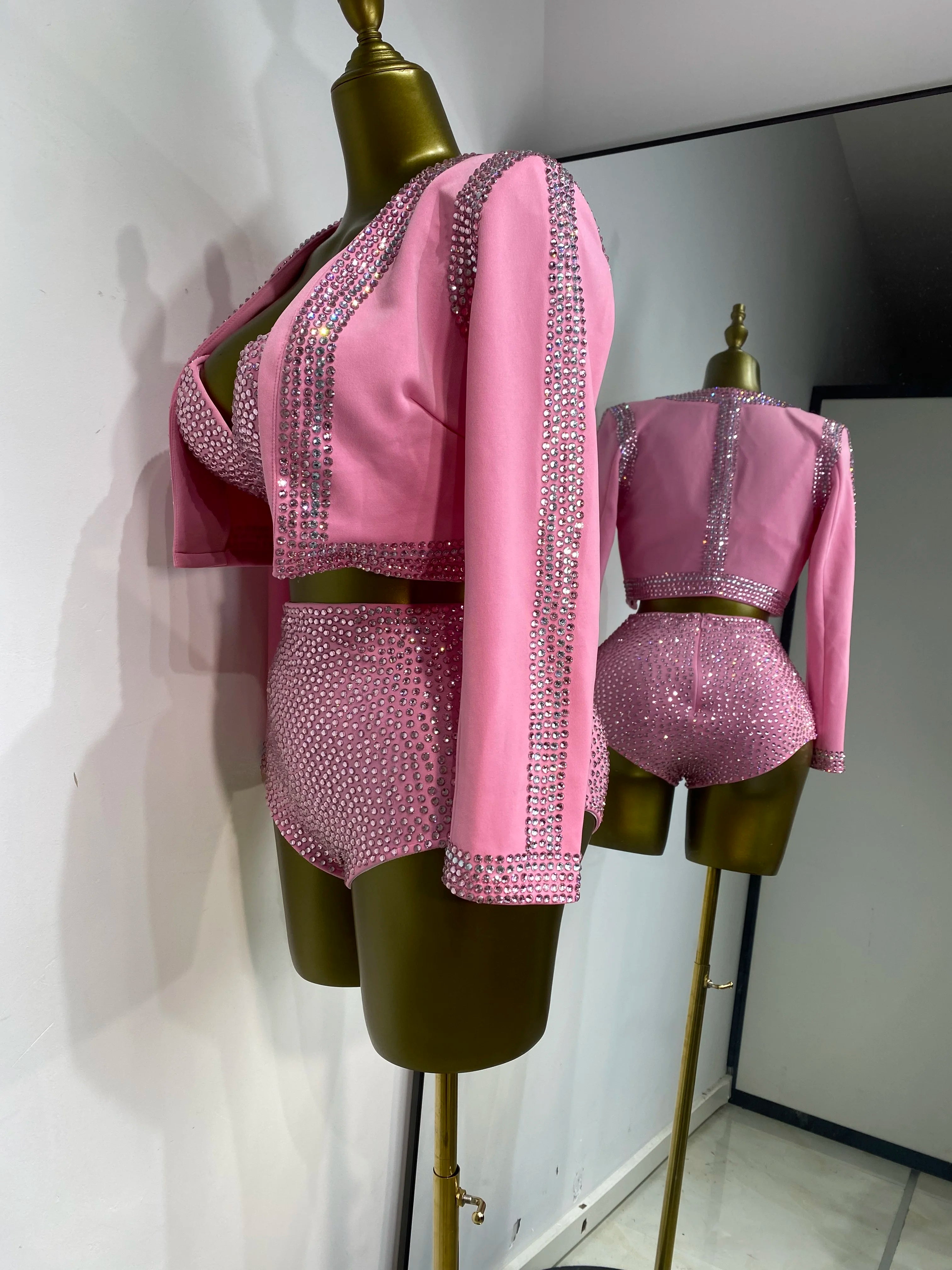Rhinestone Bustier, High-Waist Mini Shorts & Cropped Jacket 3-Piece Performance Costume Set
