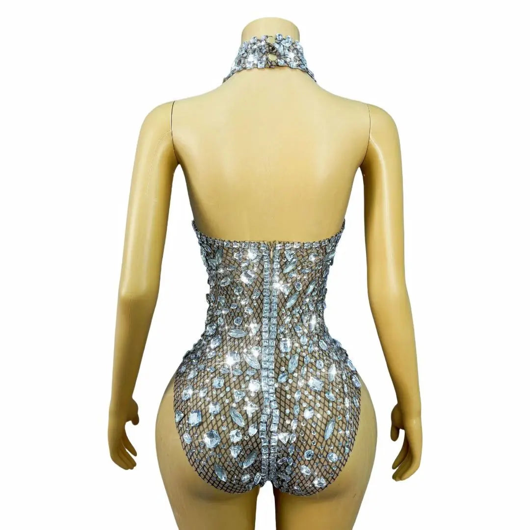 Sparkly Silver Rhinestone Halter Stage Bodysuit Leotard Costume Piece