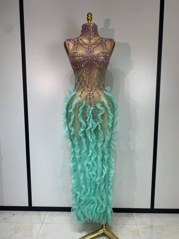 Mint Green Ombré Rhinestone Illusion Gown Tiered Ruffle Hem Maxi Stage Dress