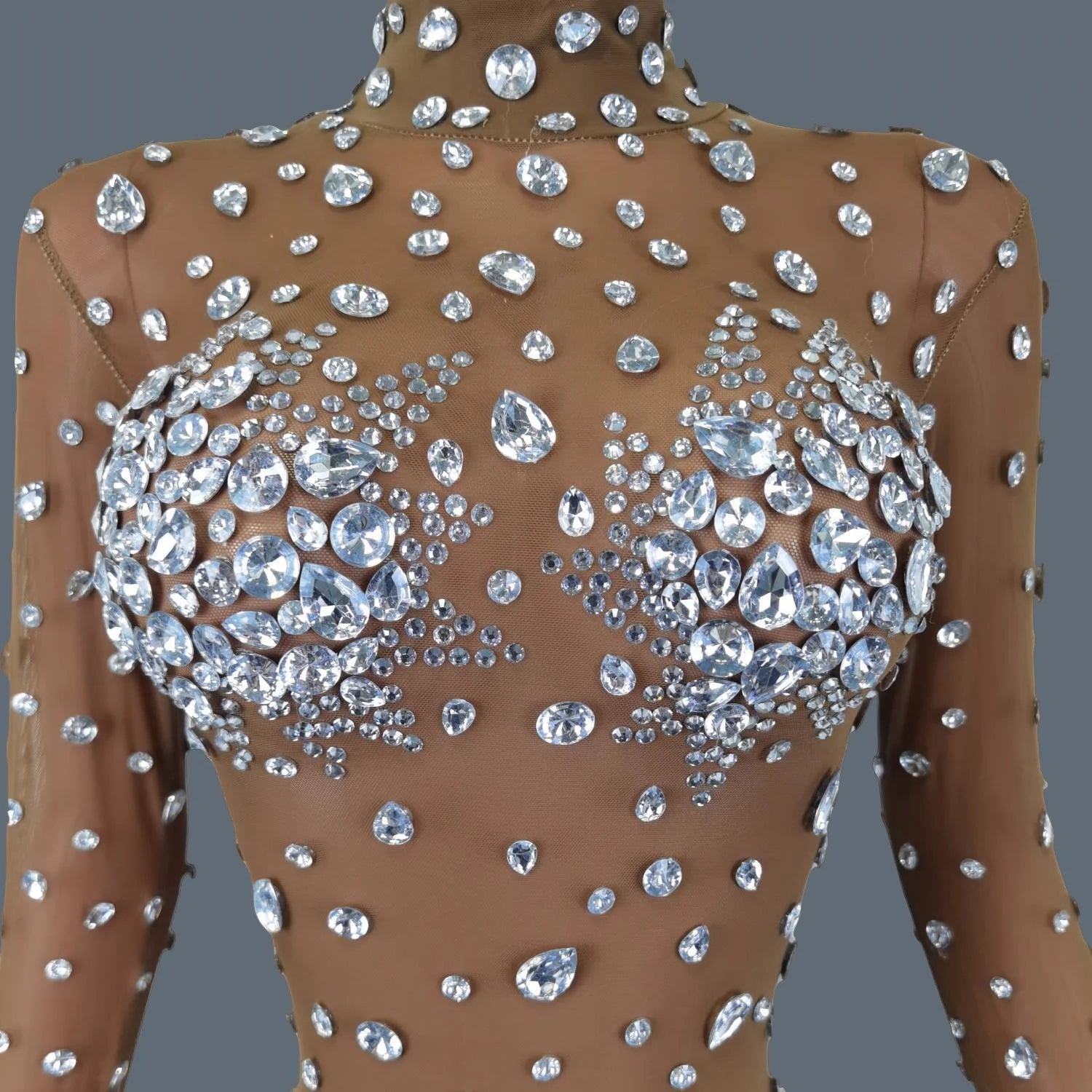 Sparkly Rhinestone & Feather Cuffed Jumpsuit Stage Performance Catsuit Costume