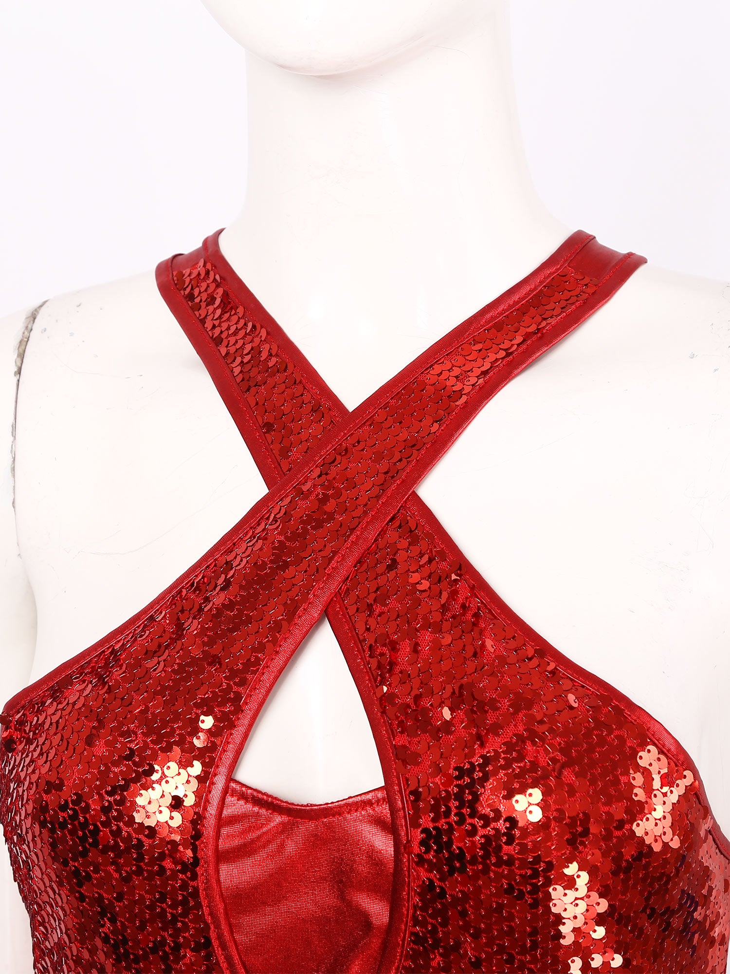 Sequined Fringe Cross-Front Latin Dance Leotard Costume Dress