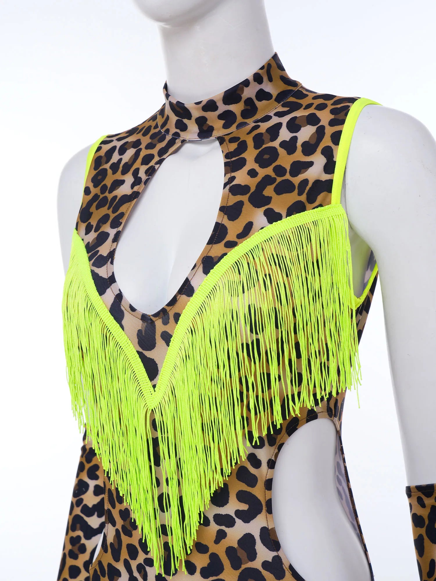 Leopard Cutout Bodysuit & Fringe Sleeves 2-Piece Latin Ballroom Stage Costume Set