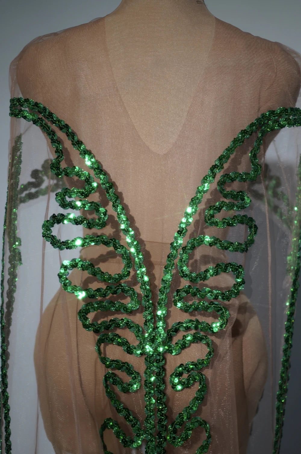Sparkly Green Sequin Sheer Mesh Evening Gown with Cloak Stage Performance Costume
