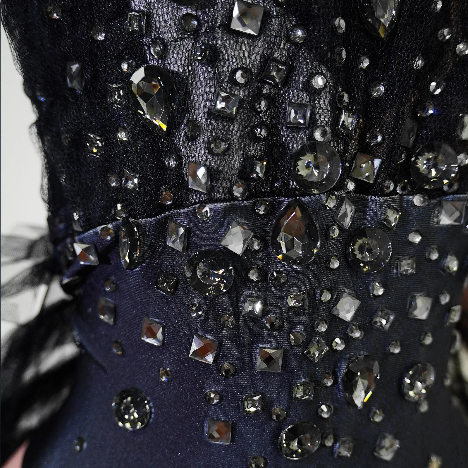 Black Rhinestone One-Shoulder Bodysuit & Trailing Tulle Train Stage Costume Set