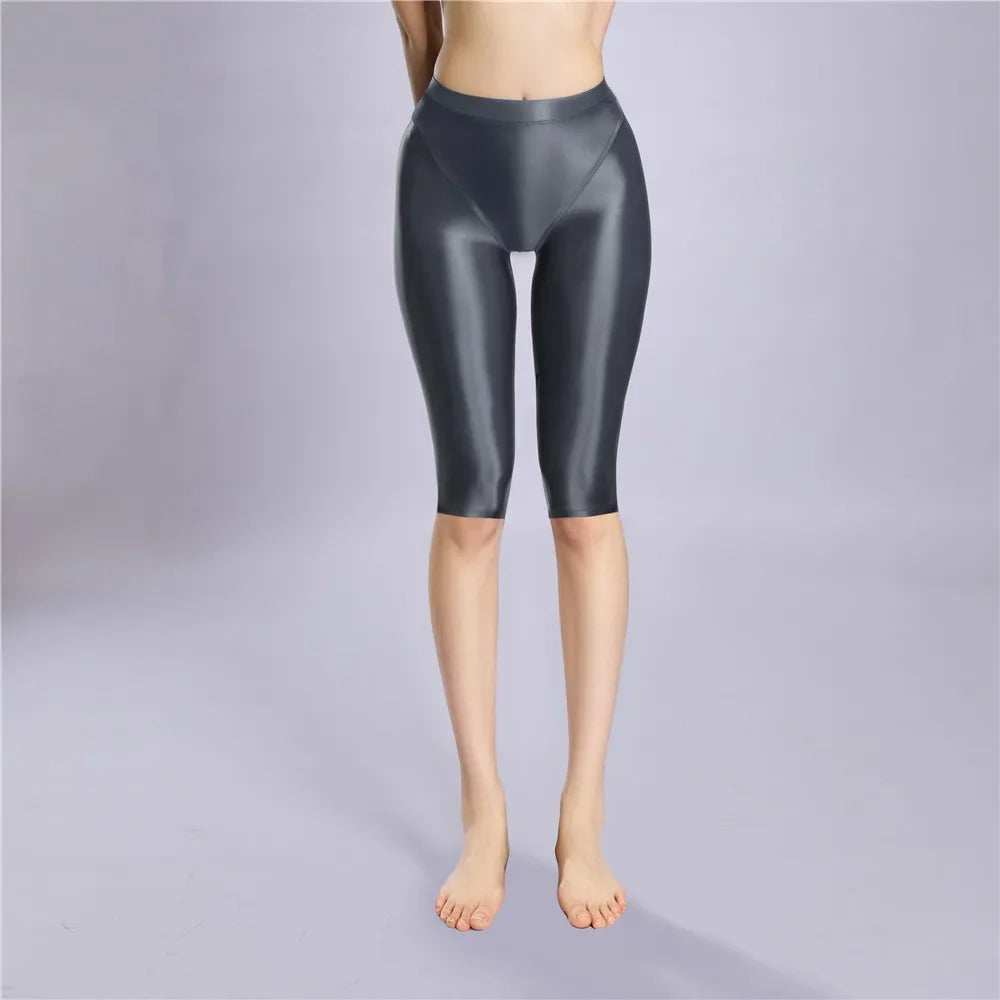 Women Shaping Short Stain Smooth Oil Glossy Shiny Elastic Shorts Sheer See Through Casual Plus Size Tight Yoga Short Maid Pant