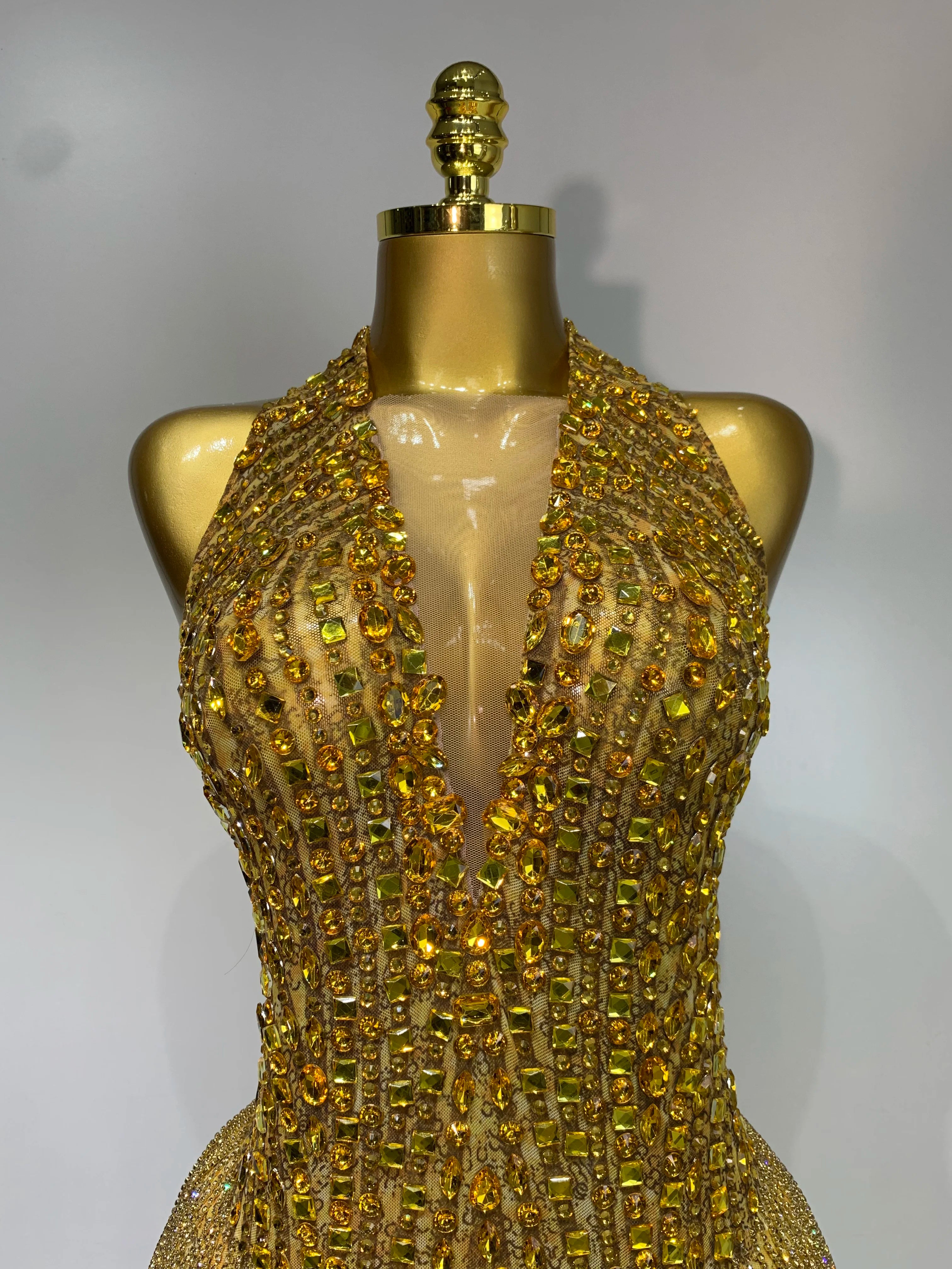 Gold Rhinestone Sheer Mesh Bodysuit Luxury Stage Performance Jumpsuit