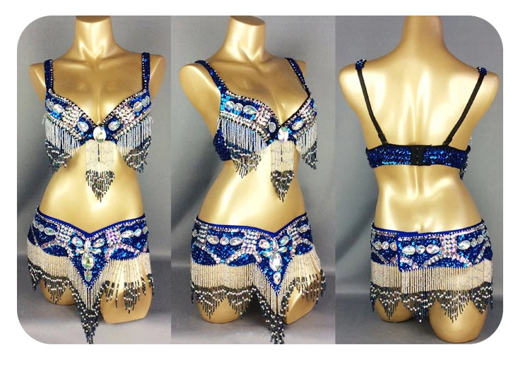 Dazzling Beaded & Sequined Belly Dance Bra & Belt 2-Piece Costume Set