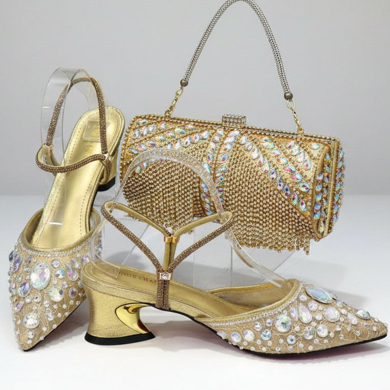 High Quality Rhinestone Low Heels and Bag Set