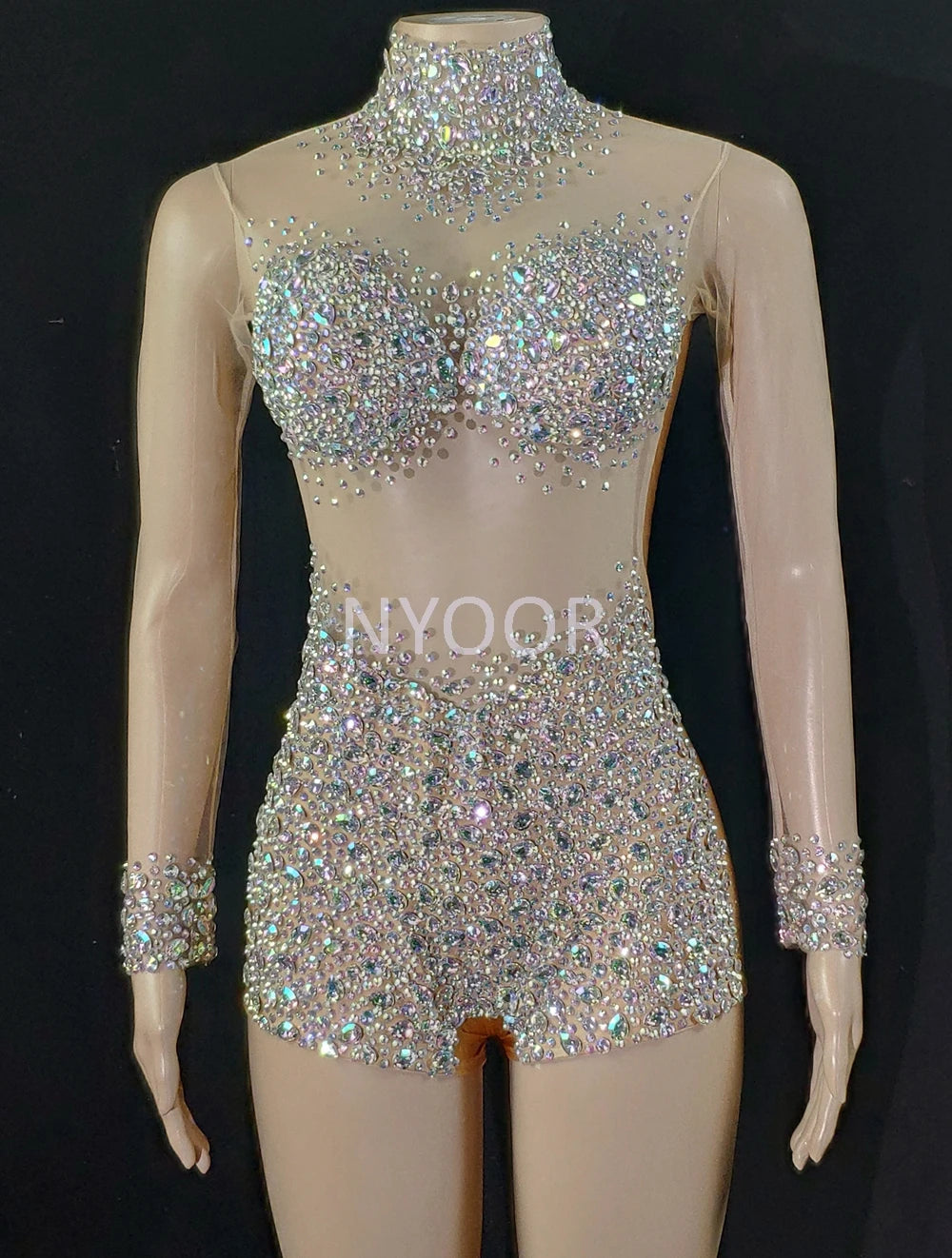 Luxurious AB Crystal Rhinestone Stage Dance Costume Illusion Romper